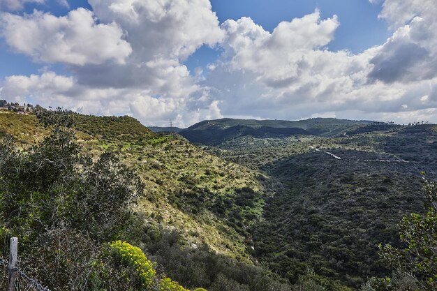 Colinas verdes pacíficas e paisagem de céu azul nublado com cores vibrantes