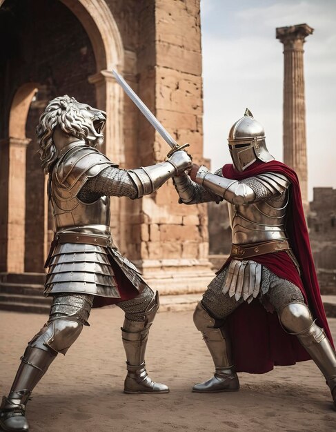 Coliseo caballero de traje blanco con una espada en acción balanceándose postura luchando contra el león