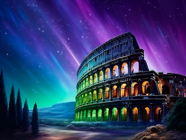 Coliseo en el cielo nocturno con aurora boreal