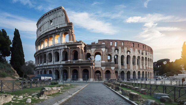 El Coliseo en Roma y el sol matinal en Italia