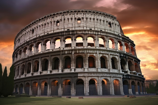 Coliseu antigo em roma ao pôr do sol com céu dramático criado com generative ai