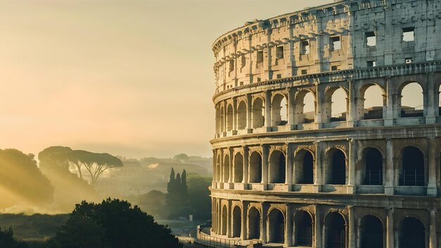 Coliseu em Roma e sol matinal na Itália