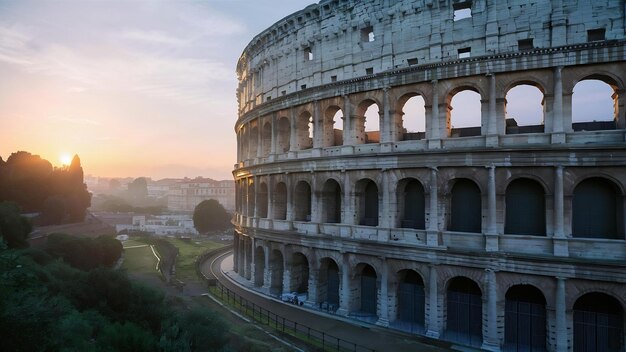 Coliseu em Roma e sol matinal na Itália