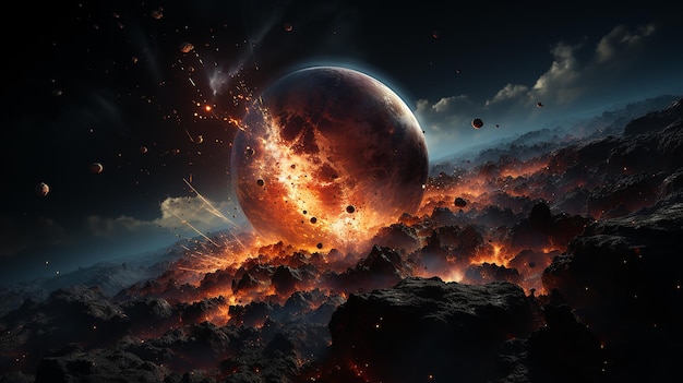 Colisión catastrófica Asteroide rojo volando hacia la Tierra