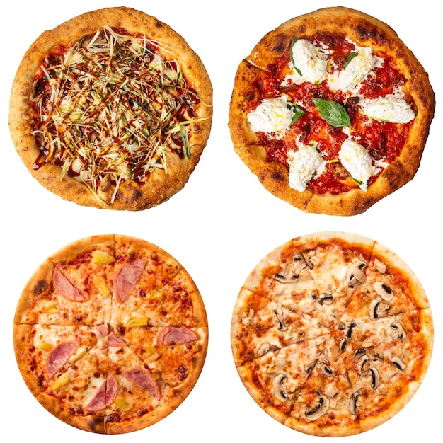 Collage aislado de varios tipos de pizza