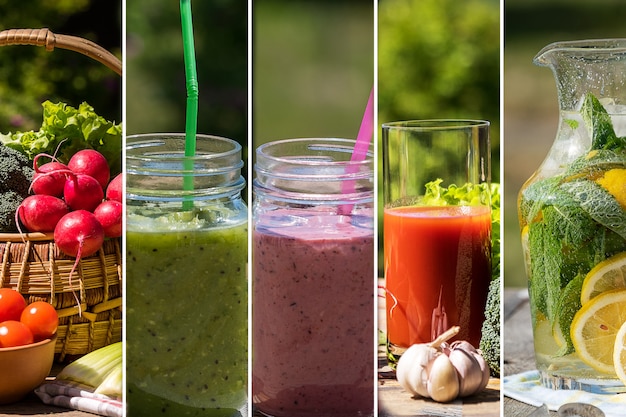 Collage de alimentos con diversas verduras, batido y jugo.