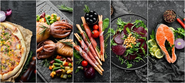 Collage de alimentos Platos de carne y pescado y verduras sobre fondo de piedra negra