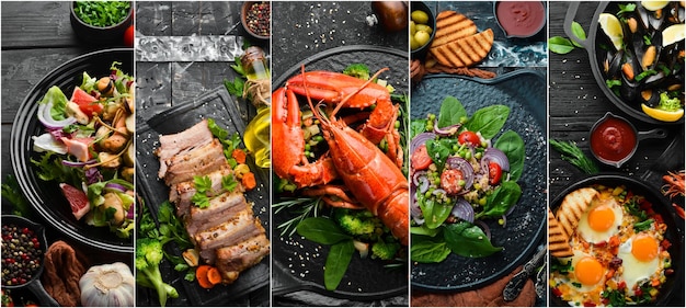 Collage de alimentos Platos de carne y pescado y verduras sobre fondo de piedra negra