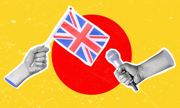 Collage de arte collage de una mano sosteniendo el micrófono de la bandera de Inglaterra en la otra mano