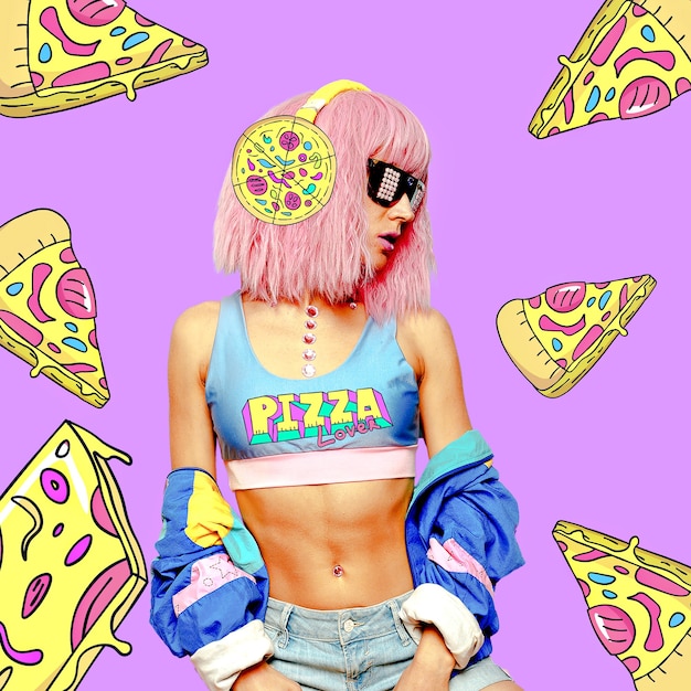 Collage de arte contemporáneo. A la chica le encanta la pizza. Proyecto mínimo divertido de comida rápida