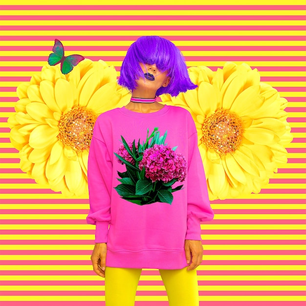 Collage de arte contemporáneo. Chica de moda con cabello morado elegante y vibraciones de flores de verano