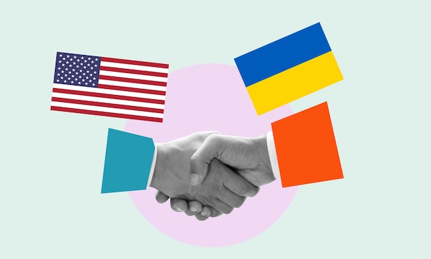 Un collage de arte contemporáneo Dos manos con banderas estadounidenses y ucranianas sacudiéndose