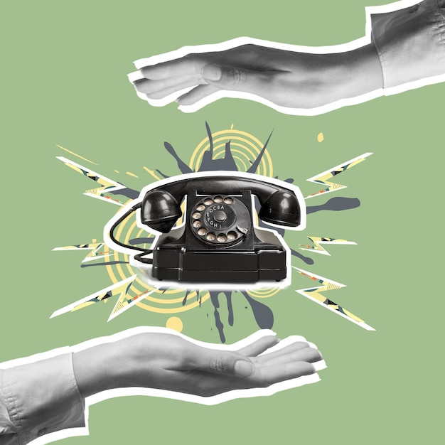 Collage de arte contemporáneo. Manos humanas sosteniendo un teléfono vintage retro. Comunicación. concepto de estilo,