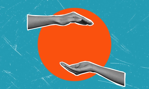 Collage de arte contemporáneo palmas femeninas en círculo naranja Espacio para texto