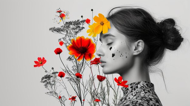 Collage de arte elegante chica monocromática con flores vivas