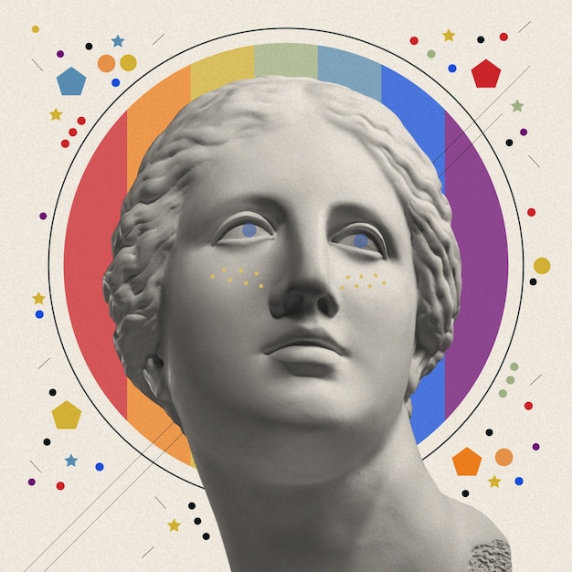Collage de arte con escultura antigua de cara de Venus y bandera LGBT. Estilo pop art. Cultura Zine. Lesbiana Gay Bisexual Transgénero. Concepto de amor arco iris. Derechos humanos y tolerancia.