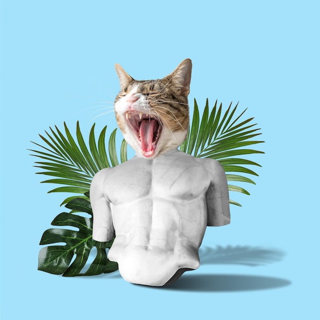 Collage de arte hecho con cabeza de gato y cuerpo de estatua sobre fondo brillante Concepto creativo mínimo