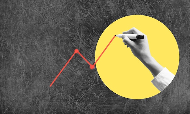 Collage de arte La mano con un marcador dibuja una flecha hacia arriba Las acciones del mercado de valores suben