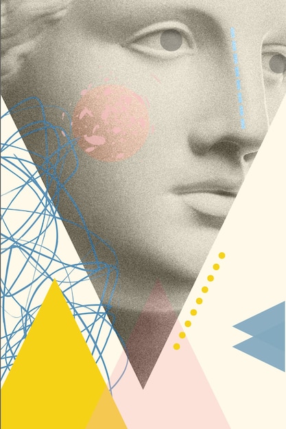 Collage de arte de moda con escultura antigua de yeso de la cara de Venus en un estilo pop art. Imagen de concepto de moda creativa en estilo surrealista contemporáneo. Tema de belleza, moda y salud. Cultura Zine.