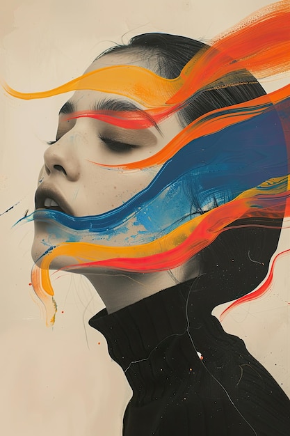 Un collage de arte moderno de una hermosa chica en colores brillantes Retrato de una transformación espiritual