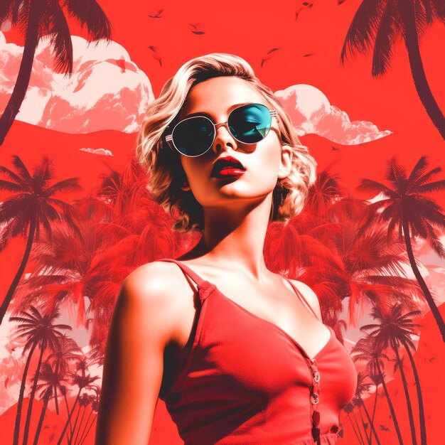 collage de arte pop de una chica modelo rubia con elegantes gafas de sol, concepto de vacaciones retro