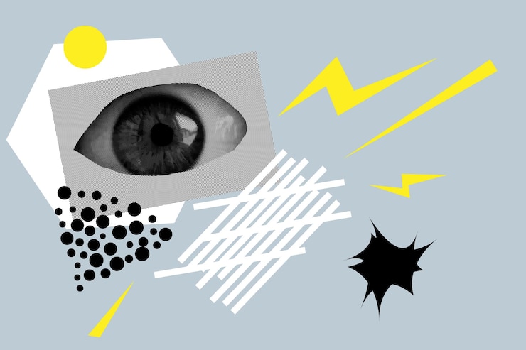 Foto collage de arte simple con ojos y puntos negros y rayas blancas formas geométricas sobre fondo azul