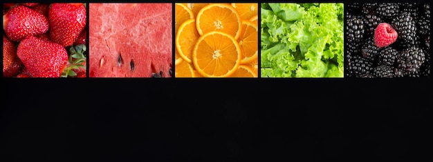 Collage aus Beerenfrüchten und grünen Blättern Salat auf schwarzem Hintergrund Kopierbereich
