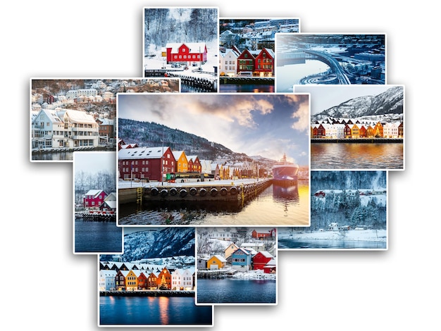 Foto collage aus sehenswürdigkeiten und szenen von bergen norwegen