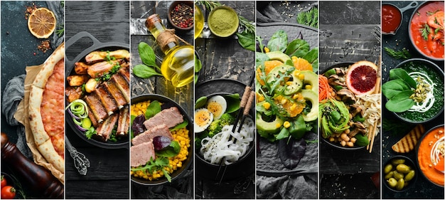 Collage aus Speisen und Gerichten aus Fleisch, Fisch und Gemüse