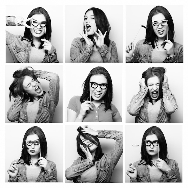 Collage aus verschiedenen Gesichtsausdrücken der Frau Schwarz-Weiß-Bild