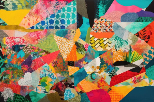 Collage brillante y colorido de patrones, texturas y formas creadas con ai generativo