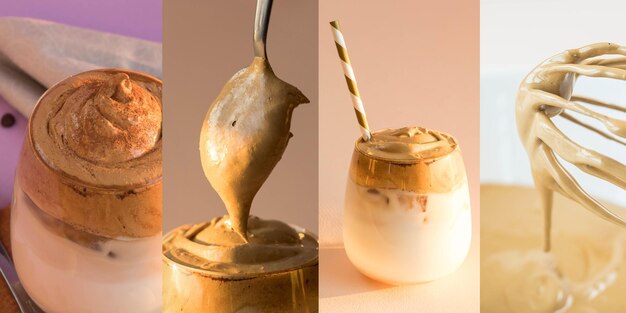 Collage de café Dalgona sobre un fondo beige Bebida coreana con espuma de café Bebida de moda