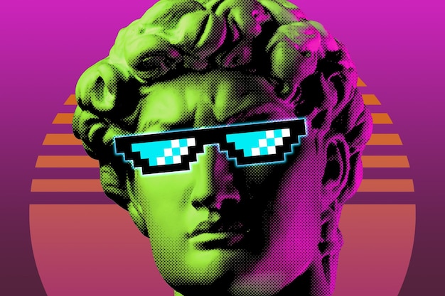 Collage con cara de hombre de escultura antigua en gafas de píxeles estilo vaporwave imagen creativa moderna