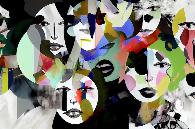 Collage de caras en blanco y negro y elementos de colores psicología estrés papel tapiz Póster abstracto