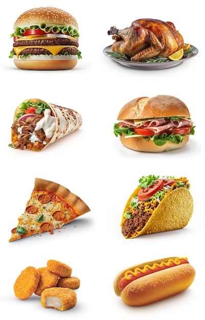 Un collage de comida que incluye un taco y un taco.