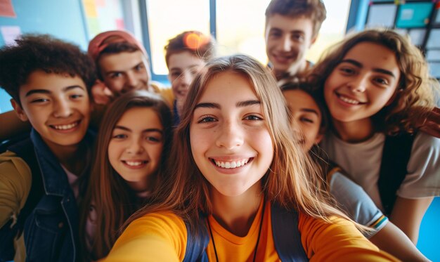 Foto collage de compañeros de clase de grupo haciendo selfies en el aula