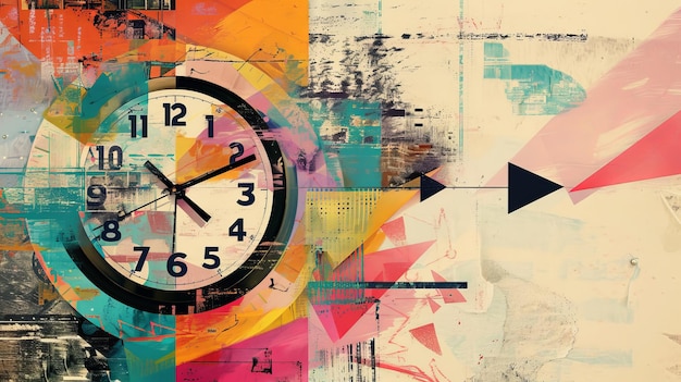 En este collage contemporáneo se muestran una flecha y un reloj en funcionamiento para enfatizar la planificación y el manejo del tiempo