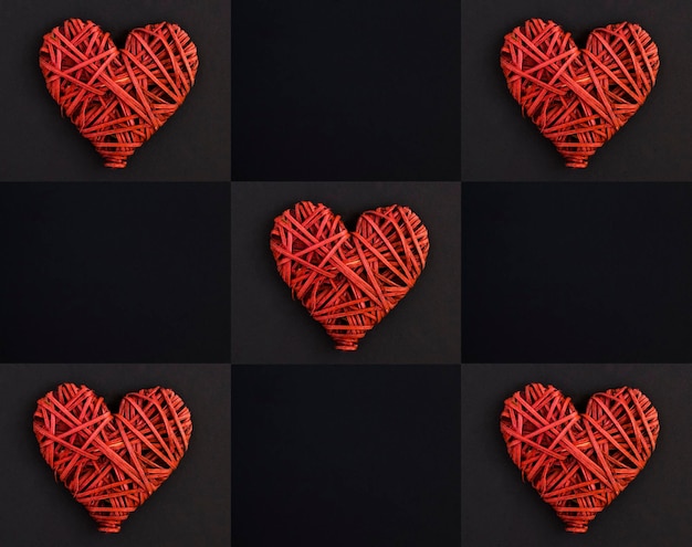 Collage de corazón trenzado rojo sobre fondo negro Copiar espacio