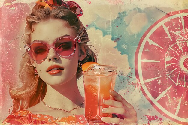 Foto un collage creativo de una chica de estilo retro con una bebida refrescante es hora de unas vacaciones