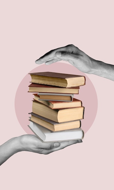collage creativo de libros en manos humanas