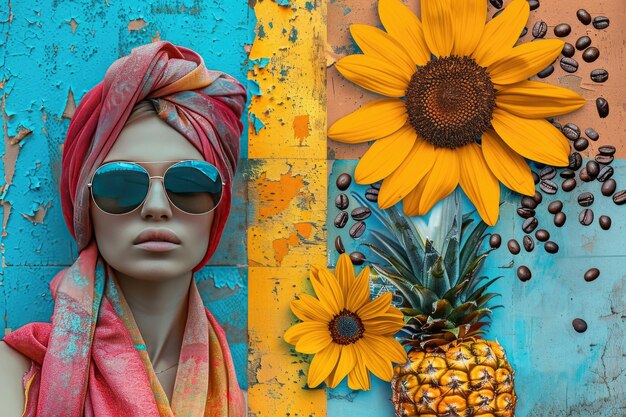 Un collage creativo de una mujer con un pañuelo y gafas y grandes flores cortadas