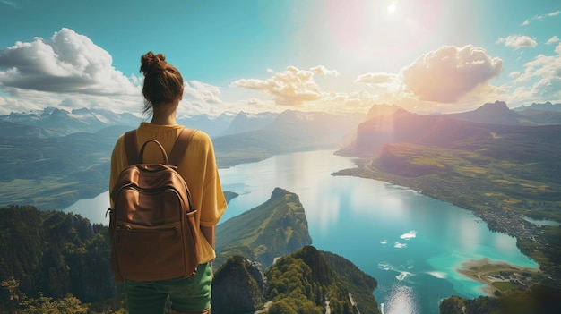 Un collage creativo de un viaje virtual Mujer con una mochila mirando el pintoresco paisaje