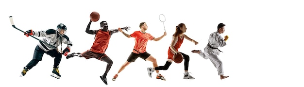 Collage de deporte de atletas profesionales o jugadores aislados en la pared blanca, folleto