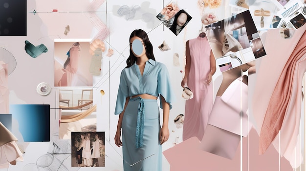 Foto un collage de diferentes artículos de moda, incluida una mujer con un vestido azul y una camisa rosa.