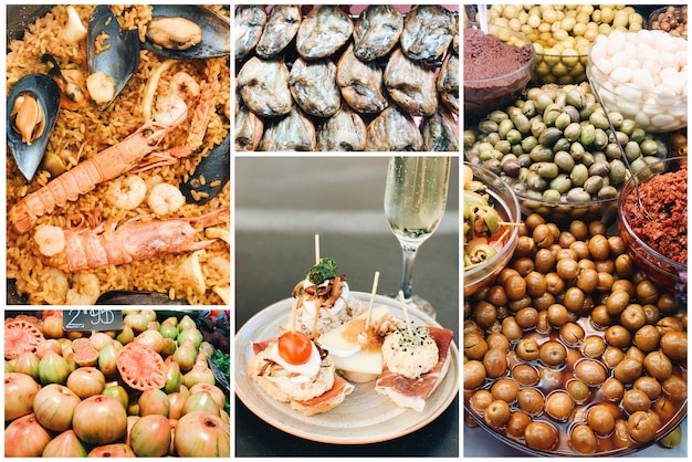 Collage de diferentes cocina tradicional española en el mercado de Valencia