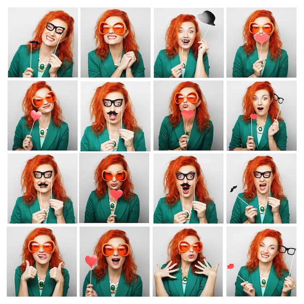 Collage de diferentes expresiones faciales de mujer. Listo para la fiesta.