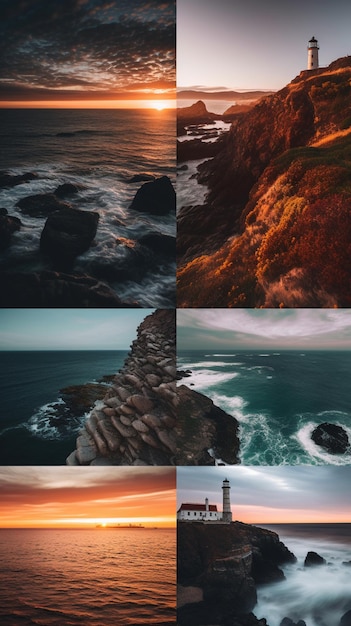 Un collage de diferentes imágenes, incluido un faro y un faro.