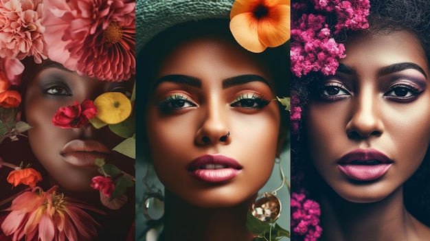 Un collage de diferentes imágenes de una mujer con flores a la izquierda y una mujer con una flor a la derecha.