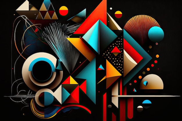 Collage digital abstracto de formas geométricas coloridas y líneas sobre fondo de madera negra creada