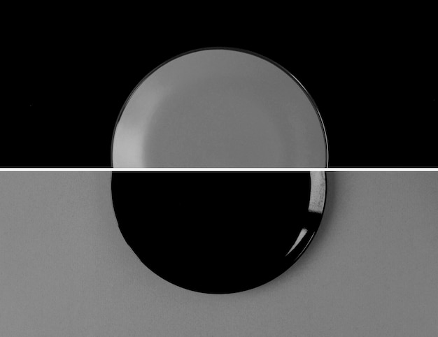 Collage Draufsicht auf leere graue und schwarze Platte Kopierbereich